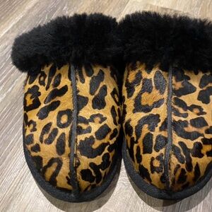 UGG Leopard Print Cozy Slippers with Black Fur Trim